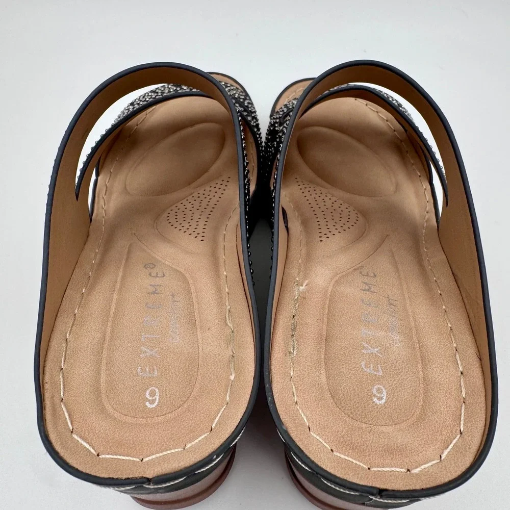 Extreme Comfort Womens Navy Blue Embroidered Wedge Slide Sandals Size 6 EU 36‎